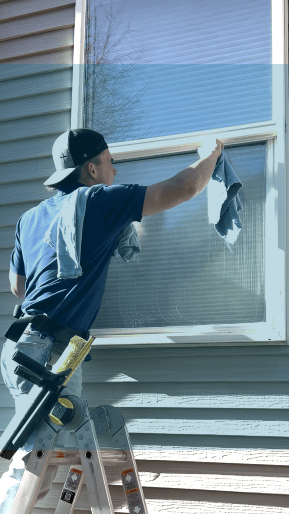 Alta Cleaning window cleaner scrubbing a home exterior window
